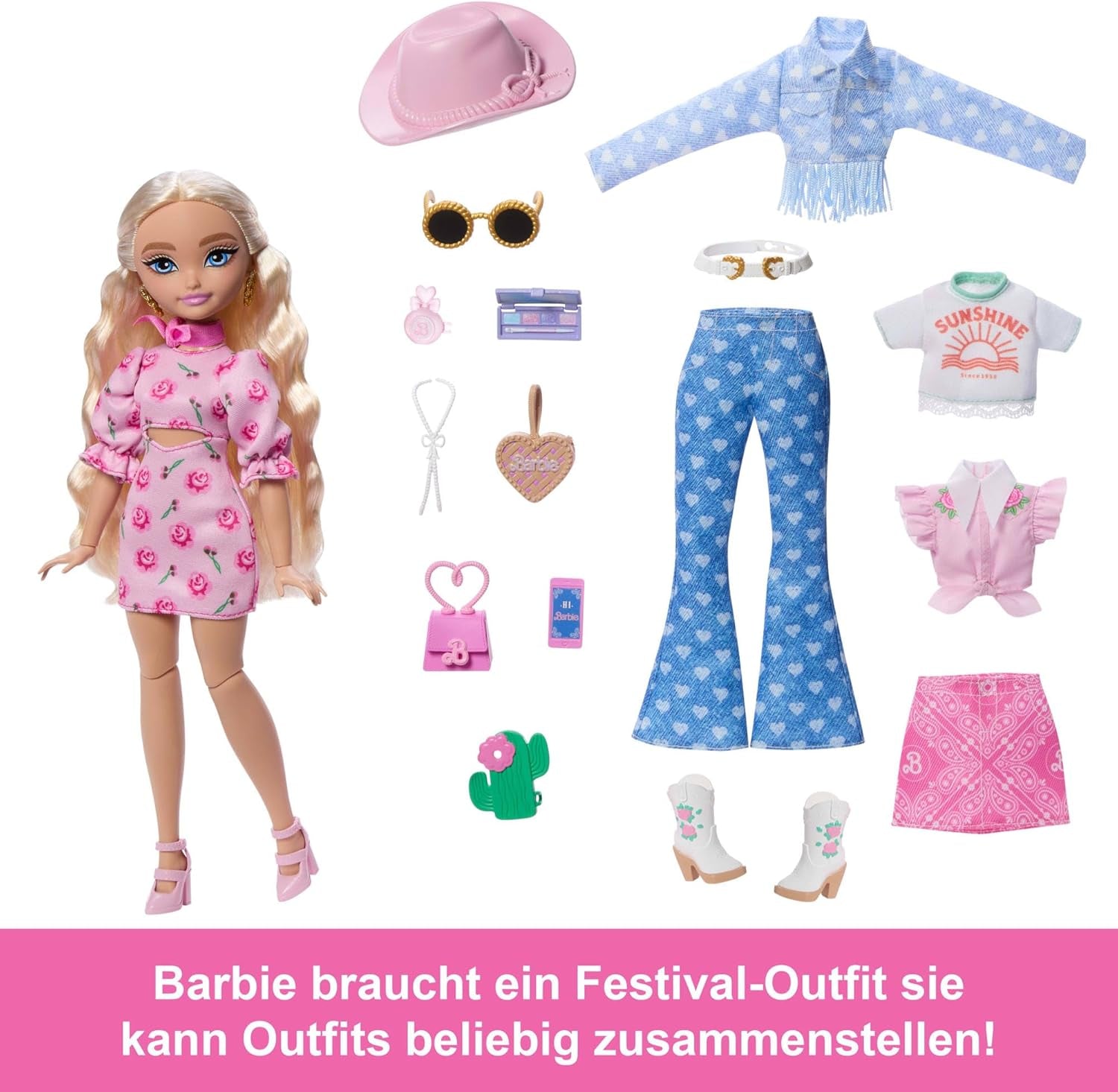 Barbie Dream Besties Festival Looks Set, avec poupée Barbie Malibu aux longs cheveux blonds à coiffer et plus de 10 vêtements et accessoires amovibles, JGH87