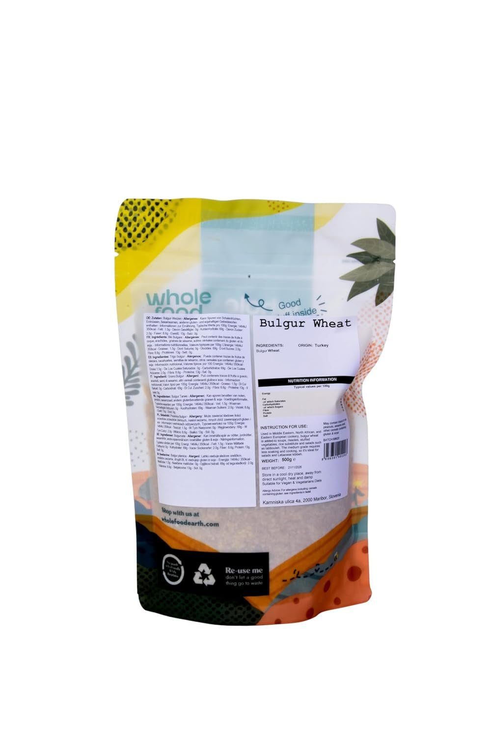 Boulgour de blé Wholefood Earth - sans OGM - naturel - végétalien - sans produits laitiers - sans sucre ajouté, 500g