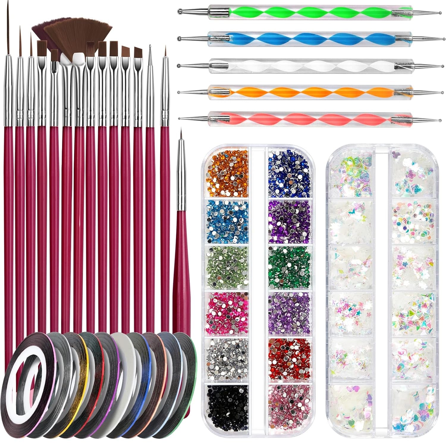FANDAMEI Nail Art Pinsel Set, 15 Stücke Pinsel Für Gelnägel Nagel Pinsel, 5 Stücke Dotted Pen, 10 Rolle Streifenband Nägel, Strasssteine Nägel, Ultra Dünn Nagel Pailletten Für Nagelkunst Maniküre Set