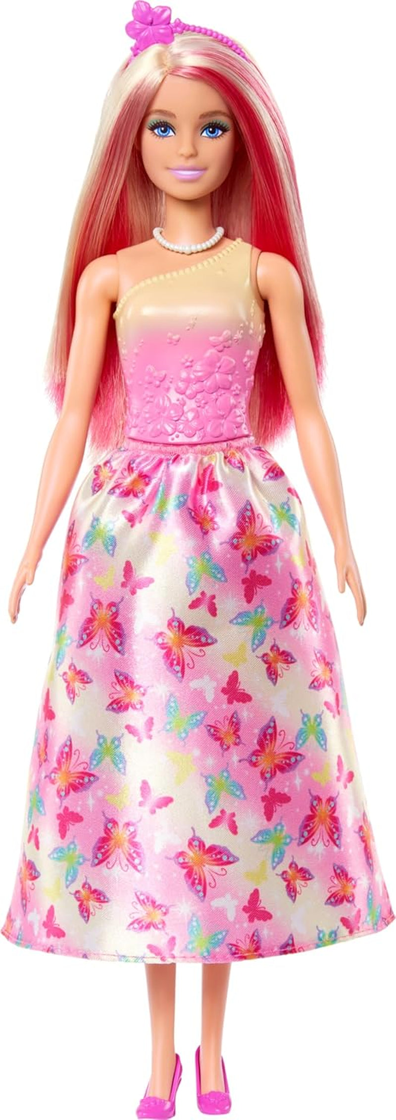 Poupée Barbie Royale avec cheveux fantaisie blonds et roses, accessoires colorés, haut dégradé rose et jupe papillon, HRR08 Naty Shop Dolls