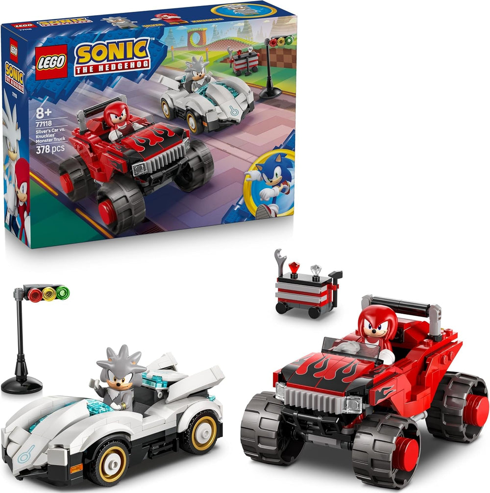 LEGO Sonic the Hedgehog Silvers Auto vs. Knuckles’ Monstertruck - Kinder Spielzeug mit 2 Flitzern und 2 Minifiguren - Geschenk für Jungen und Mädchen ab 8 Jahren - Sonic Fanartikel für Gamer - 77118