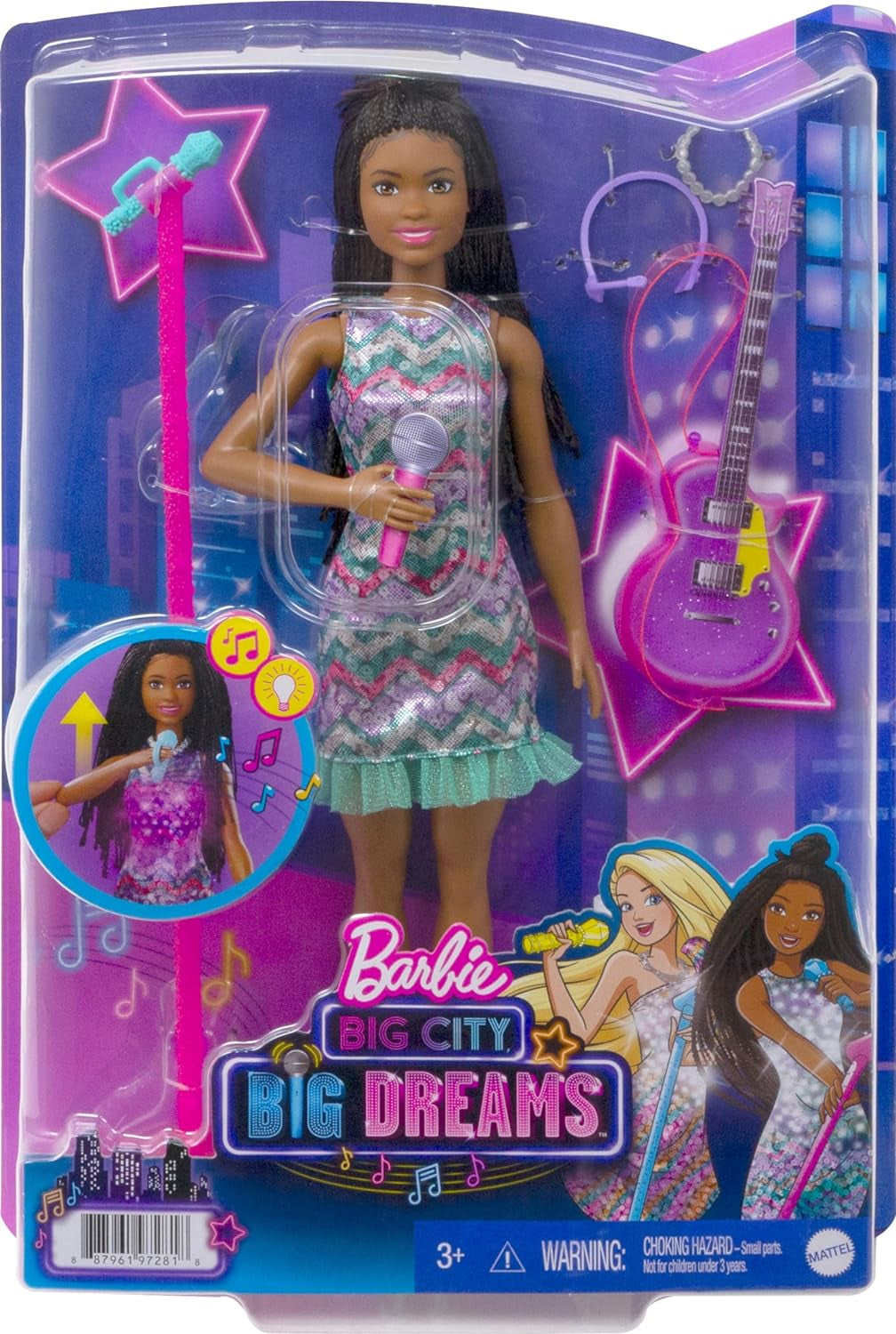 Barbie GYJ22 - scène gratuite pour poupée Big Dream Brooklyn (environ 30 cm, nattes marron) avec chansons de film, lumières, microphone et accessoires, cadeau pour les enfants à partir de 3 ans Naty Shop Dolls