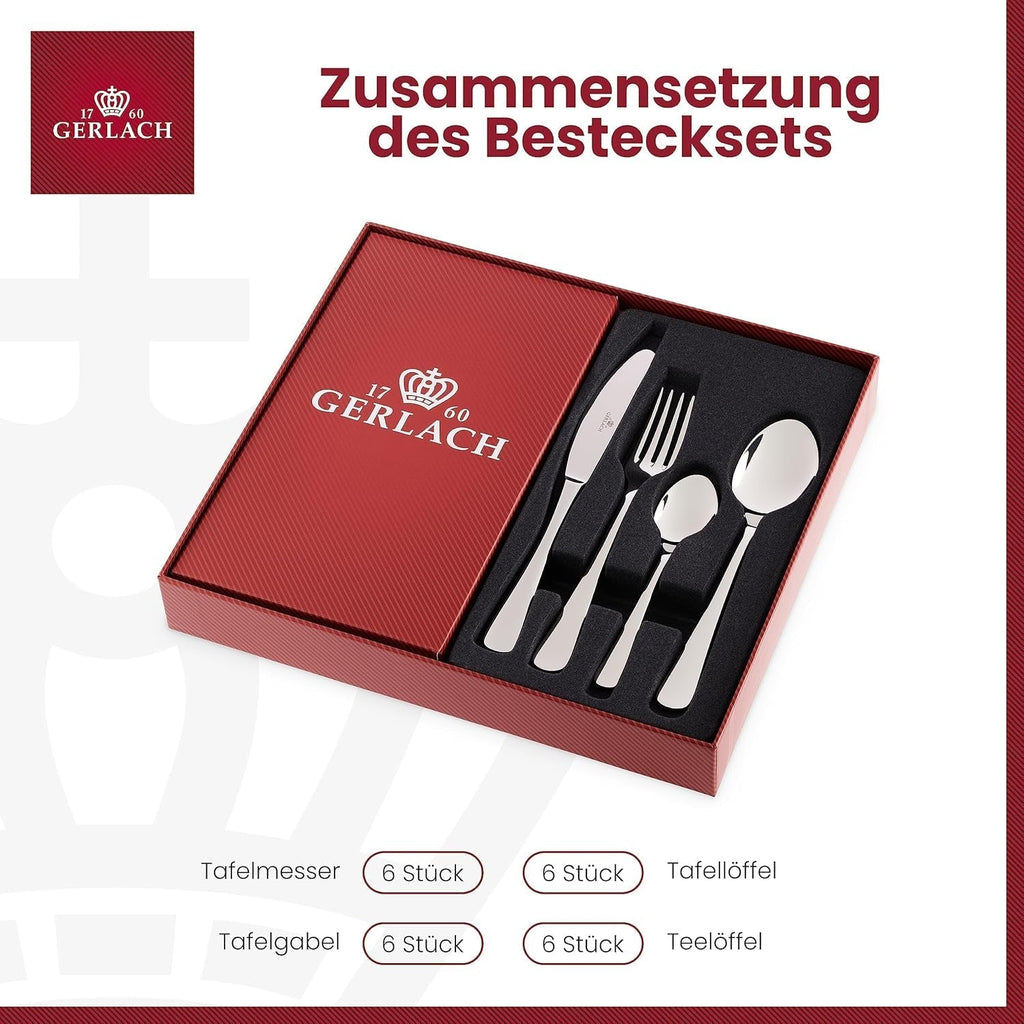 Gerlach Flow Besteck-Set 6 Personen Spülmaschinenfest Essbesteck Besteck Aus Edelstahl Messer Gabel Löffel Teelöffel Tafelbesteck Rostfrei 24 Stk, Silberglänzend Bucatarie Naty Shop