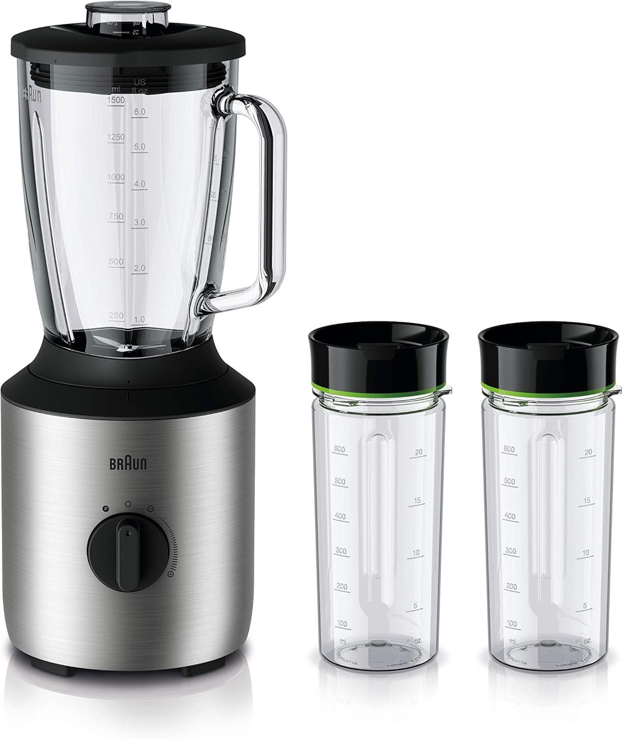 Braun Powerblend 3 JB 3150 BK Batteur sur socle - 1,5 L Verre-Mixaufsatz, Küchenhelfer Zum Zerkleinern, Pürieren & Mixen, 800 Watt, Schwarz Kitchen Naty Shop Edelstahl/Schwarz Single