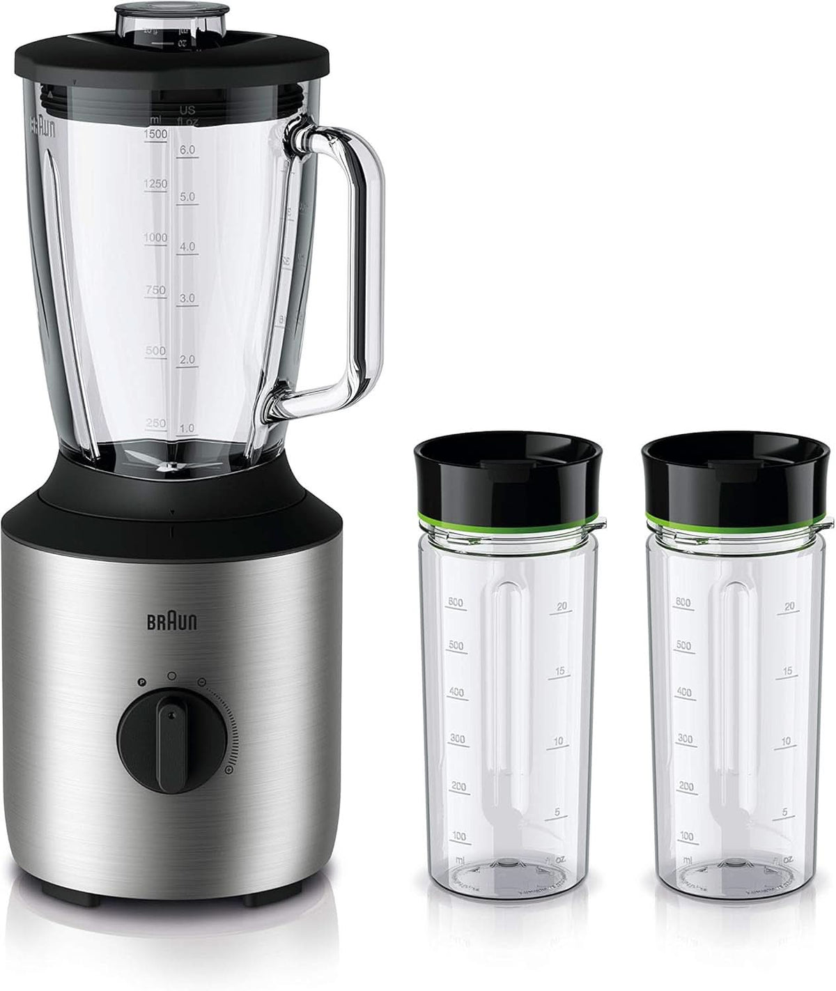 Braun Powerblend 3 JB 3150 BK Batteur sur socle - 1,5 L Verre-Mixaufsatz, Küchenhelfer Zum Zerkleinern, Pürieren & Mixen, 800 Watt, Schwarz Kitchen Naty Shop Edelstahl/Schwarz Single