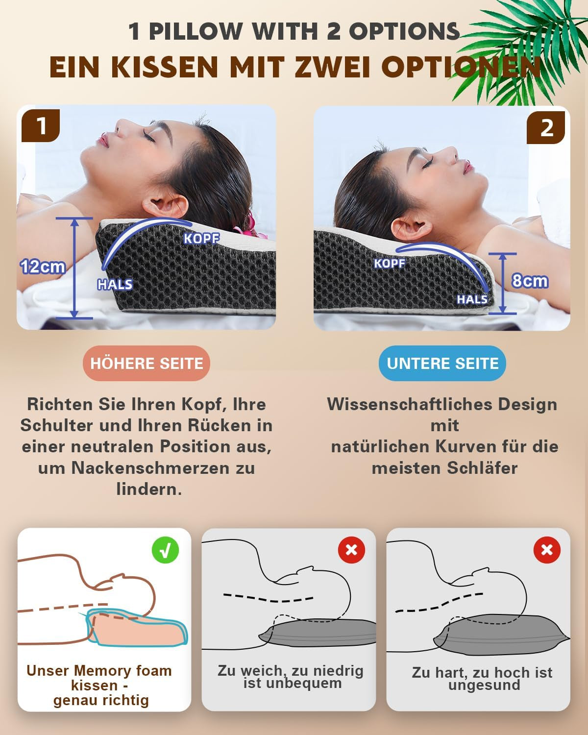 Oreiller orthopédique ergonomique pour douleurs cervicales, oreiller en mousse à mémoire de forme abdominale, oreiller anti-ronflement pour hommes et femmes (62 x 34,5 x 12/8 cm) Oreillers orthopédiques cervicaux Naty Shop