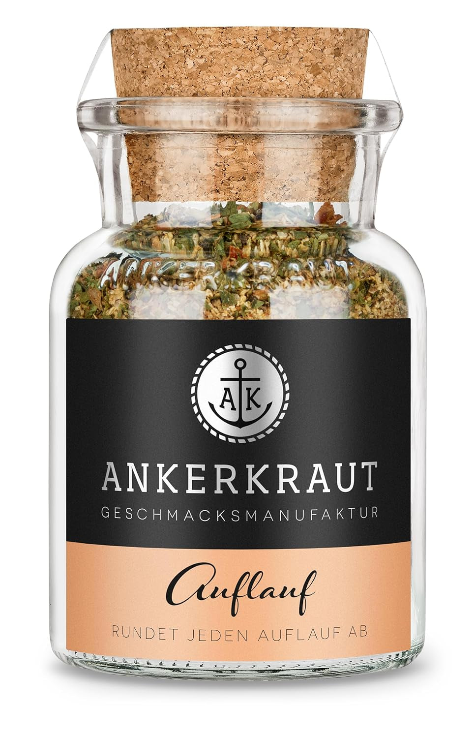 Ankerkraut Auflauf, für Gemüse-, Kartoffel- und Nudelauflauf, Gewürzsalz mit Pfeffer, Parsilie, Knoblauch, Karotte, 90 g dans un verre de Korkenglas