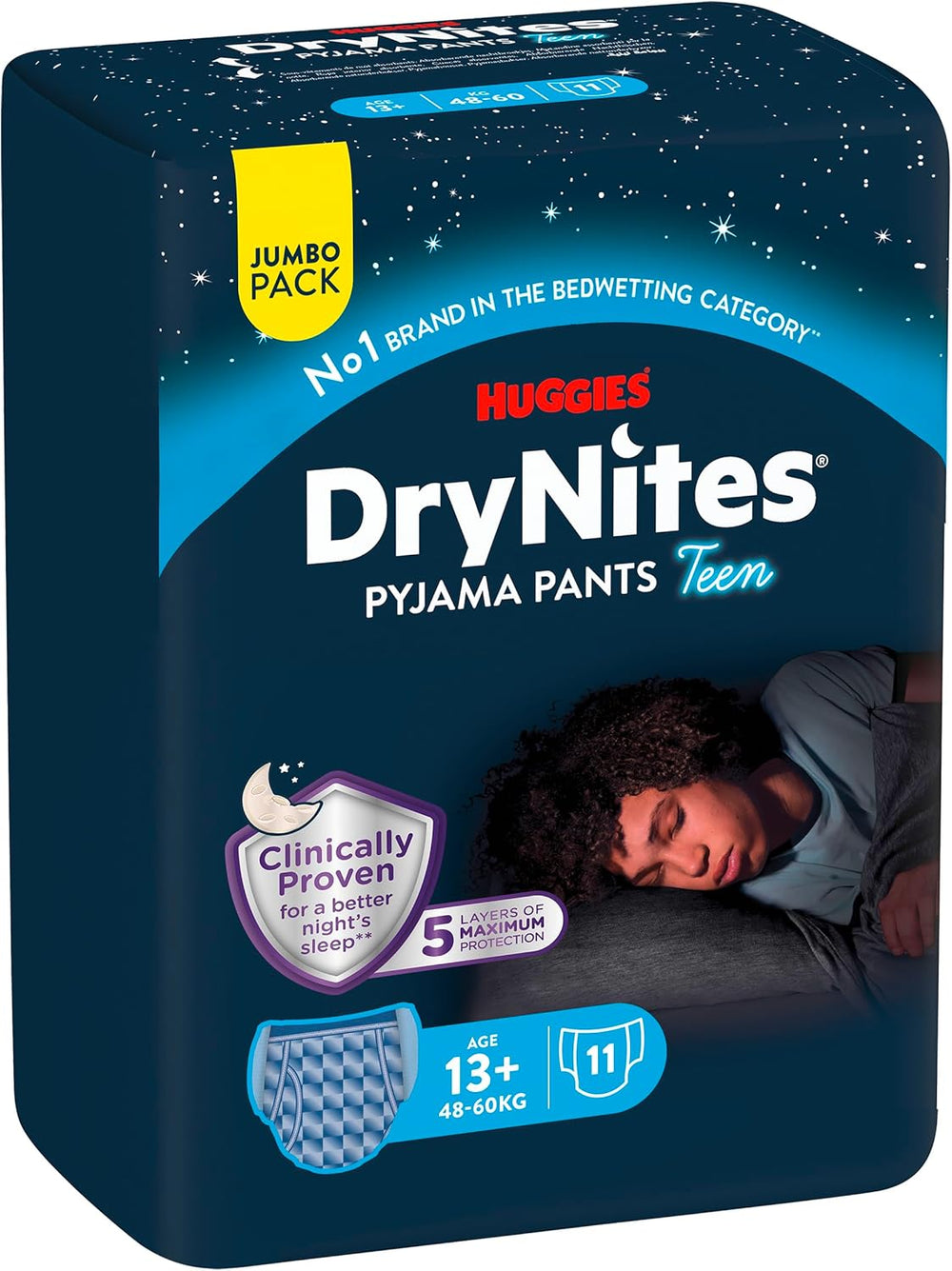 Huggies DryNites Couches pour énurésie nocturne, garçons de 13 à 17 ans environ (48-60 kg), 33 pièces (3 x 11), paquet mensuel géant, slip XL