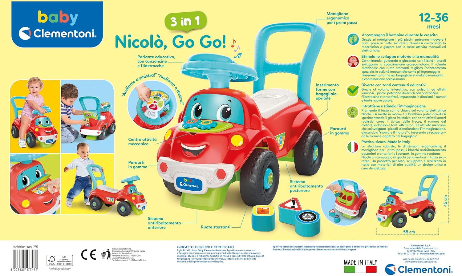 Clementoni - 17747 - Nicolò Go Go 3 en 1 - Voiture équestre, enceinte électronique d'apprentissage, premiers pas, lumières et sons, jeu pour les 1 an - Made in Italy Bebe Toys Naty Shop