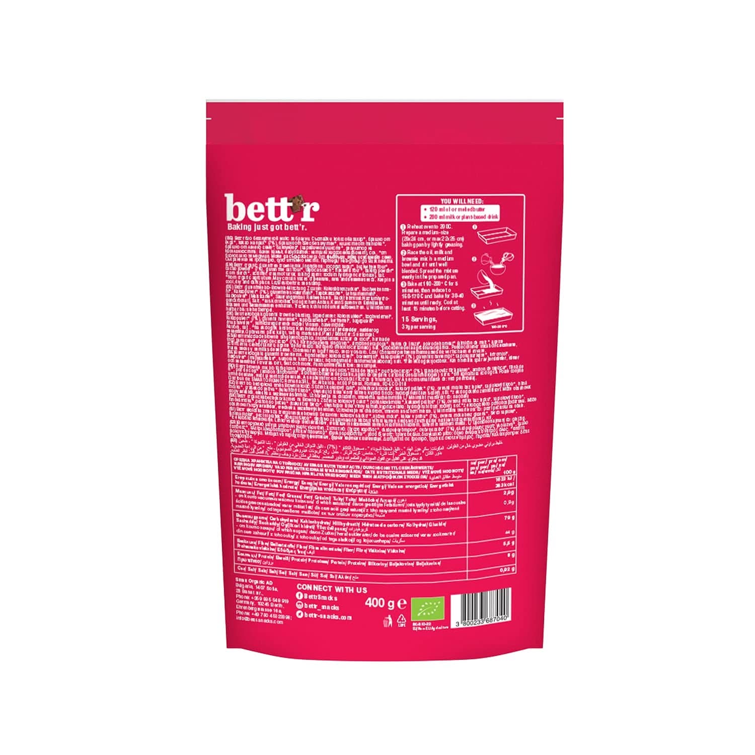 Bettr Organic Brownie Mix - Brownies biologiques, végétaliens et sans gluten au riche goût de cacao, 6 x 400 grammes Kitchen Naty Shop