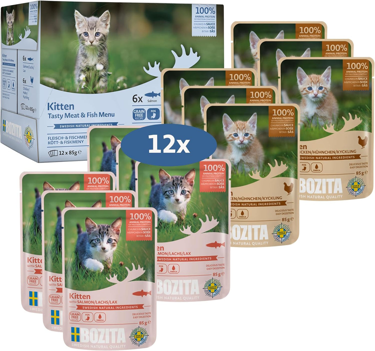 Bozita Nassfutter Häppchen in Sauce mit Fisch and Fleisch - 12x85g Portionsbeutel getreidefreies & weizenfreies Futter für Katzen - Katzennassfutter für Adult-Katzen mit 8.5% Protein & 4.5% Fettgehalt