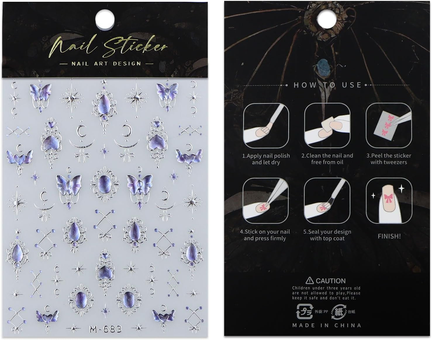 JMEOWIO 3D Nagelsticker Blauer Nail Art Sticker Selbstklebend Nagelaufkleber 5D Stereoskopisch Mondstern Dekoration Nageldesign Zubehör 1 Blatt