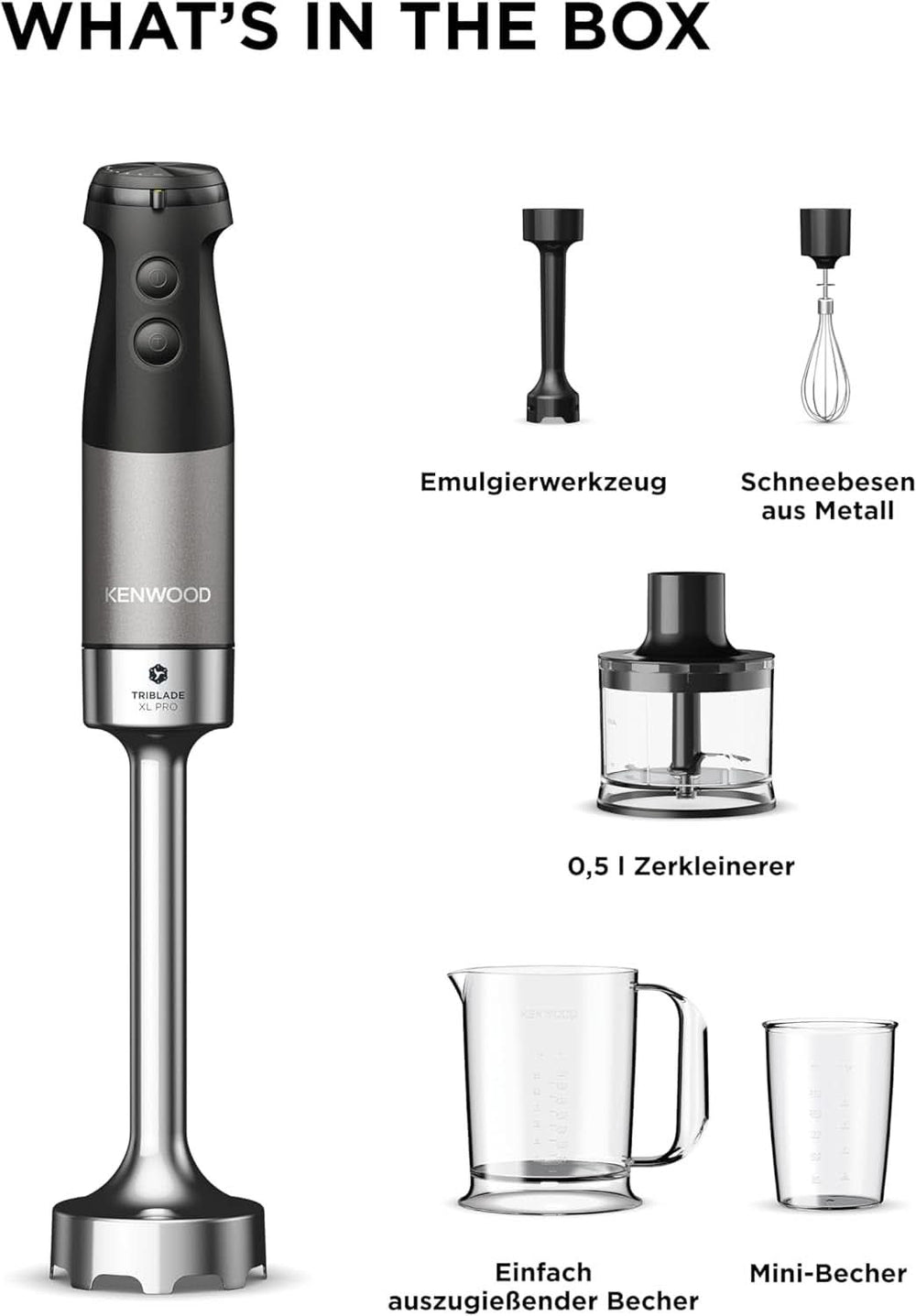 Kenwood Triblade XL Pro Stabmixer HBM80.322BK, 1200W, vitesses variables, Edelstahl(Pürierfuss), Schneebesen, Emulgieraufsatz, 500Ml Zerkleiner, 700 & 250Ml Becher, Spülmaschinenfeste Teile Bucatarie Naty Shop