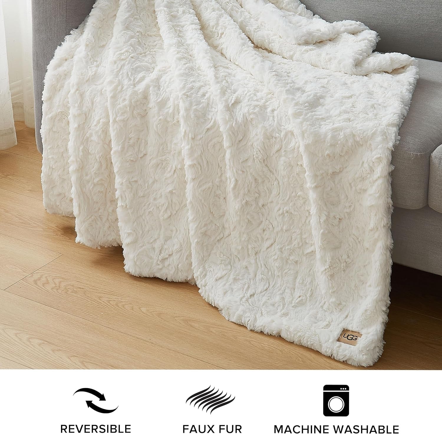 UGG Adalee 10483 Couverture douce en fausse fourrure, réversible, luxueuse, confortable, moelleuse, moelleuse, style hôtel, bohème, décoration de la maison, couvertures douces, luxueuses et confortables pour canapé, 178 x 127 cm, lits et couvertures UGG