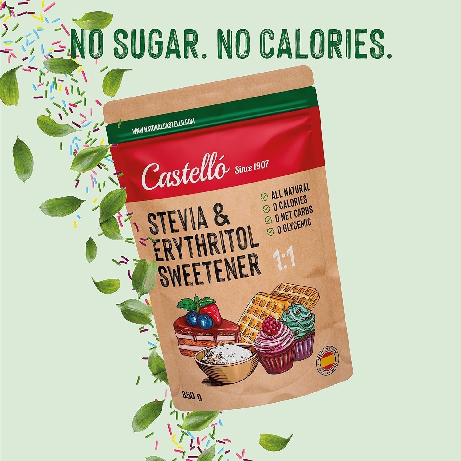 Stevia + Erythritol 1:1 Tissu doux | 1G = 1G Zucker | Ingrédients 100% naturels - 0 calories - 0 indice glycémique - Keto et Paleo - 0 hydrate de sodium net - Kein GVO - Castello depuis 1907-850 G Édulcorants Naty Shop