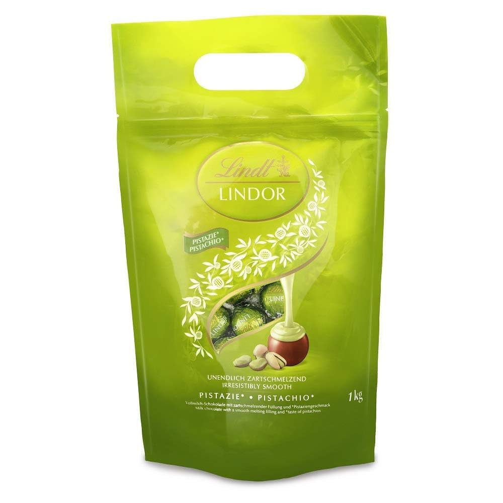 Lindt LINDOR Chocolat à la pistache | Sac refermable de 1 kg | env. 80 boules de chocolat au lait fourrées à la crème fondante à la pistache | Colis vrac, cadeau praliné