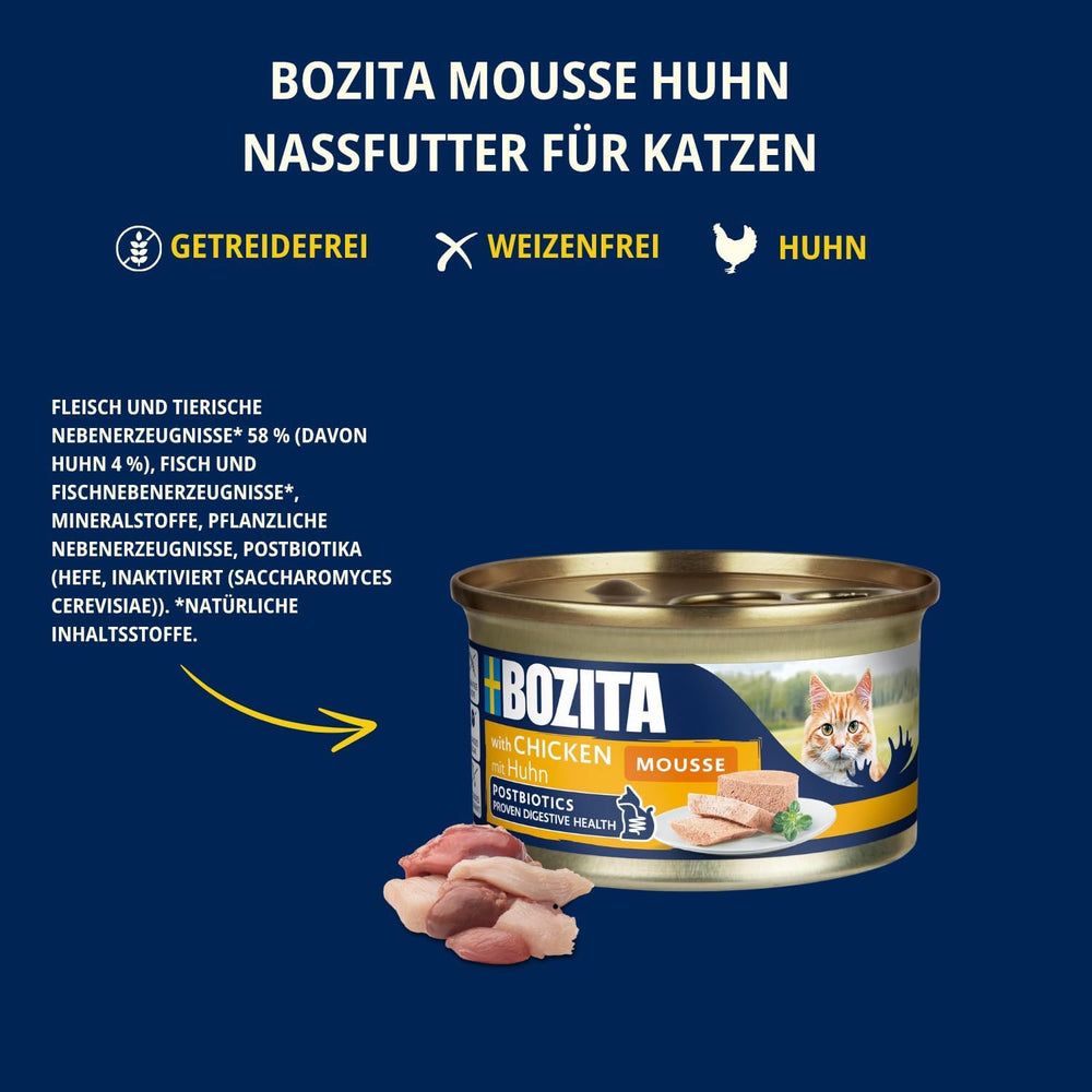 Bozita Mousse Chicken - 12 x 85g nourriture humide pour chat avec une fine texture de mousse et de poulet - recette sans céréales, sans sucre ajouté - avec des postbiotiques pour soutenir une flore intestinale saine