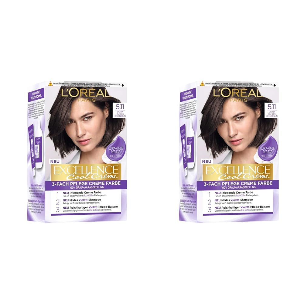L'Oréal Paris Coloration capillaire permanente au résultat couleur ultra cool, couverture 100% des cheveux gris, sertie de teinture, shampoing et crème de soin, Excellence Cool, n° 1. 5.11 Châtain clair (Marron) (Pack de 2) Naty Shop Hair Dye Titre par défaut