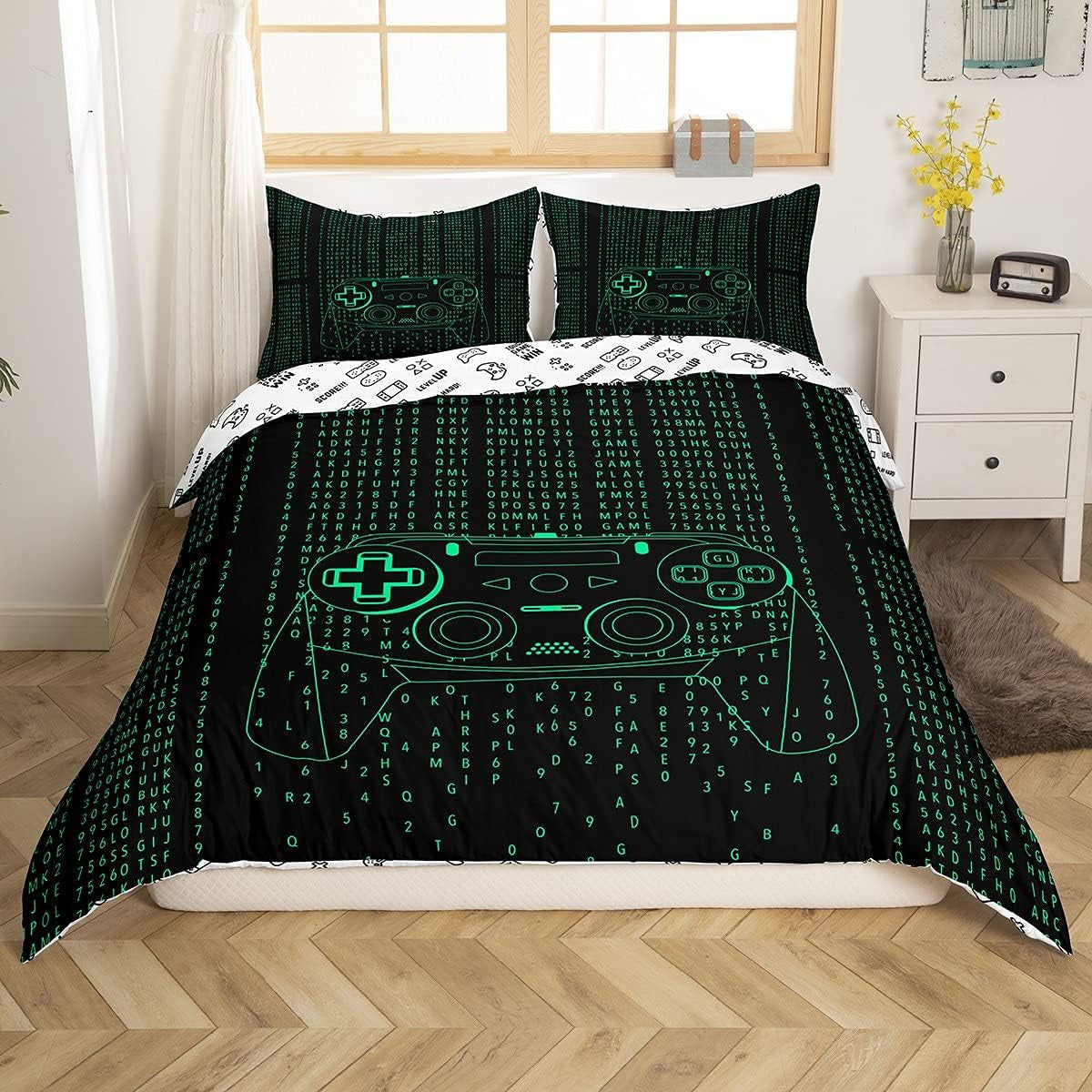 Parure de lit Gamer pour jeunes 155 x 220 cm, housse de couette pour enfants, adolescents, hommes, jeux vidéo, décoration réversible, housse de couette, vert, contrôleur de jeu rétro, housse de couette blanche Luxus, 2 pièces