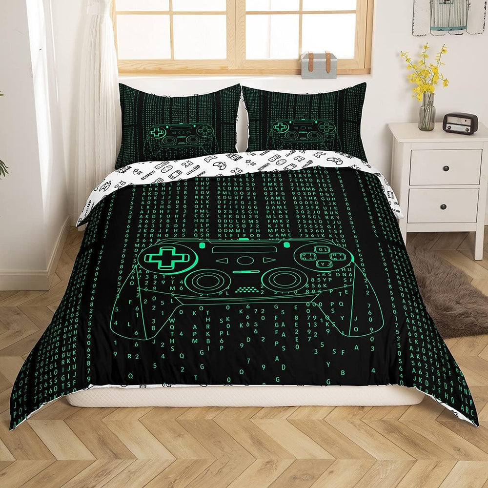 Parure de lit Gamer pour jeunes 155 x 220 cm, housse de couette pour enfants, adolescents, hommes, jeux vidéo, décoration réversible, housse de couette, vert, contrôleur de jeu rétro, housse de couette blanche Luxus, 2 pièces