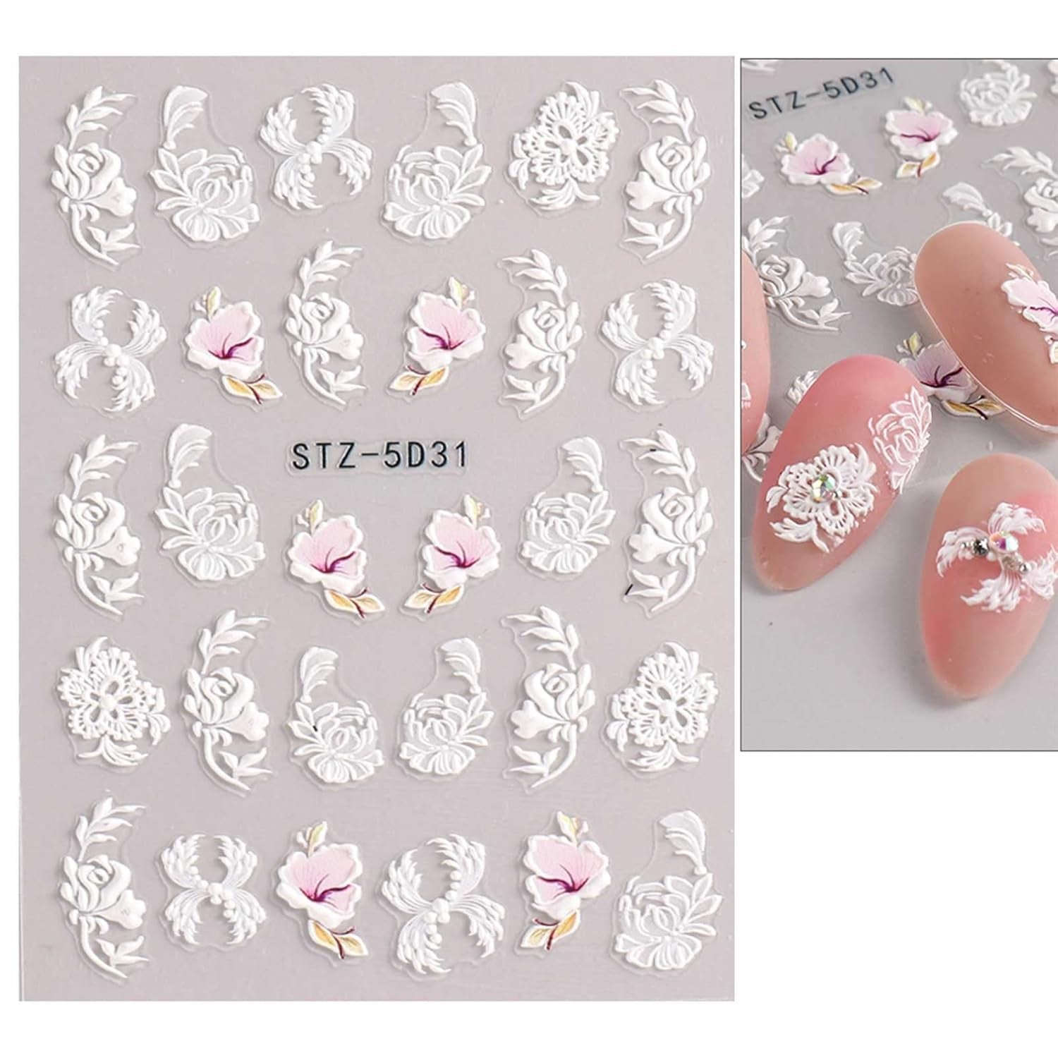 JMEOWIO Autocollants de manucure 3D pour ongles, fleurs, autocollants pour nail art, autocollants auto-adhésifs, bandes stéréoscopiques 5D, décoration de fleurs d'été, design de manucure, 4 feuilles
