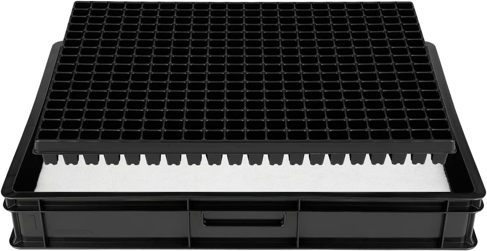 Système de propagation GW-285 composé d'un bac à eau professionnel GW657, d'un tapis capillaire assorti (absorption d'eau 3 L par m²) et d'un plateau à pots avec 285 pots (23x23 mm, hauteur 54 mm) en taille européenne (600x400 mm)