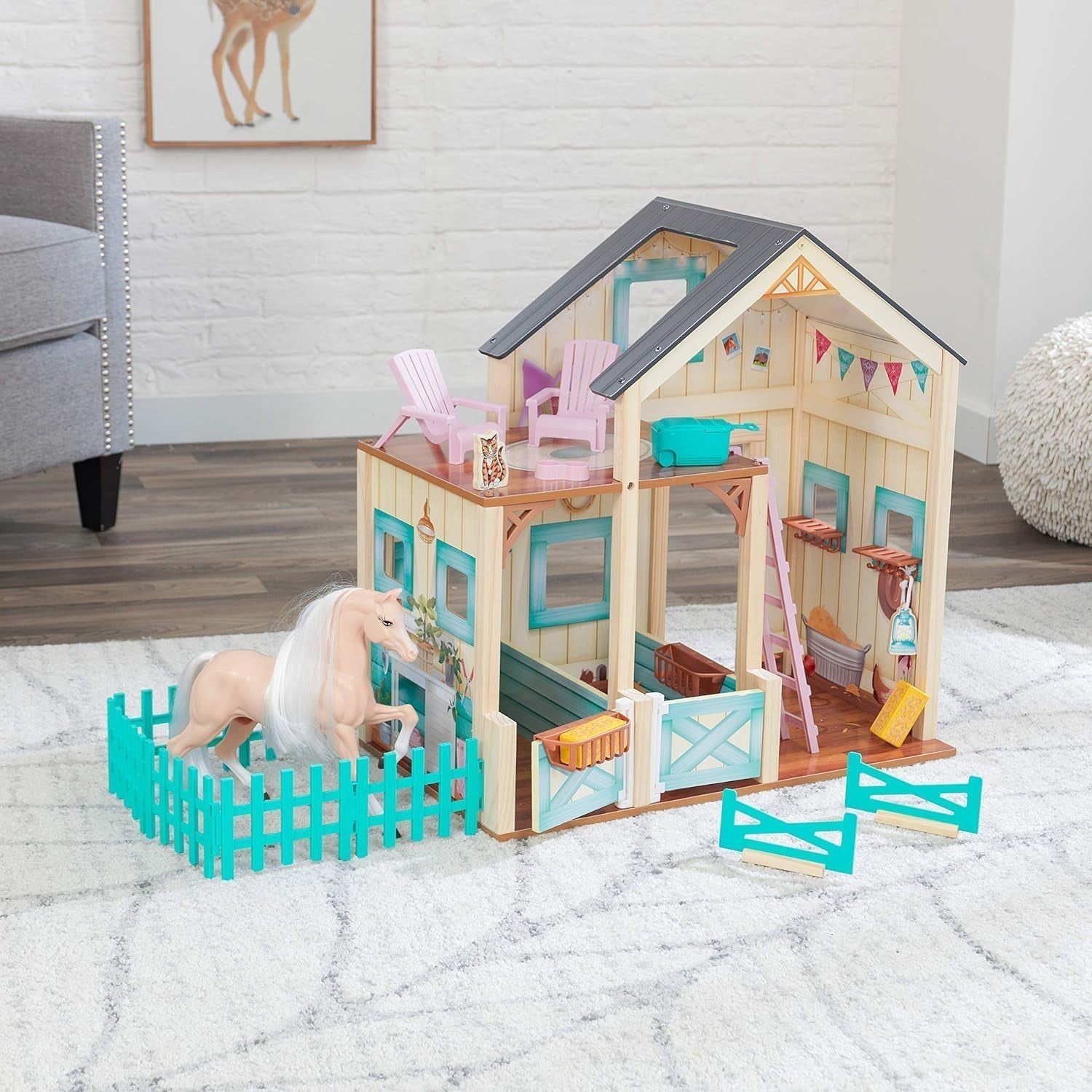 Casa de păpuși Kidkraft Sweet Meadow Horse Stable cu cal - set de joacă din lemn cu mobilier și accesorii, cadou de jucărie cu cal pentru băieți și fete de la 3 ani, 63534 Casute de papusi Naty Shop