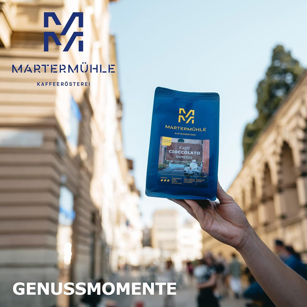 Grains d'espresso Martermühle Cioccolato 500g Fort | Arabica/Robusta | Saveurs : Noix de macadamia, chocolat au lait | Grains d'espresso entiers légèrement torréfiés, faible acidité