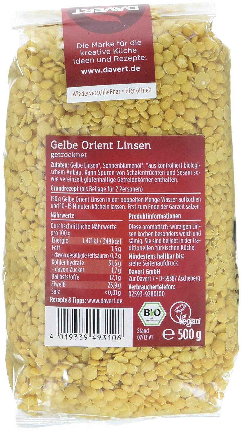 Lentilles jaunes orientales Davert (1 x 500 g) - Bio