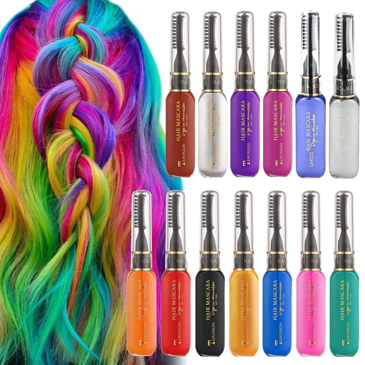 13 Pièces Peigne Lavable à la Craie à Cheveux pour Filles Ensemble de Mascara Lavable Temporaire pour Enfants 13 Couleurs Teinture pour Cheveux d'Halloween pour Carnaval Cosplay Fête Noël Halloween Anniversaire Naty Shop Teinture pour Cheveux Rose + Violet Harajuku + Violet Foncé + Bleu Foncé + Rouge + Or + Rouge Vin + Rose Rouge + Noir + Vert + Blanc + Gris Omega + Orange