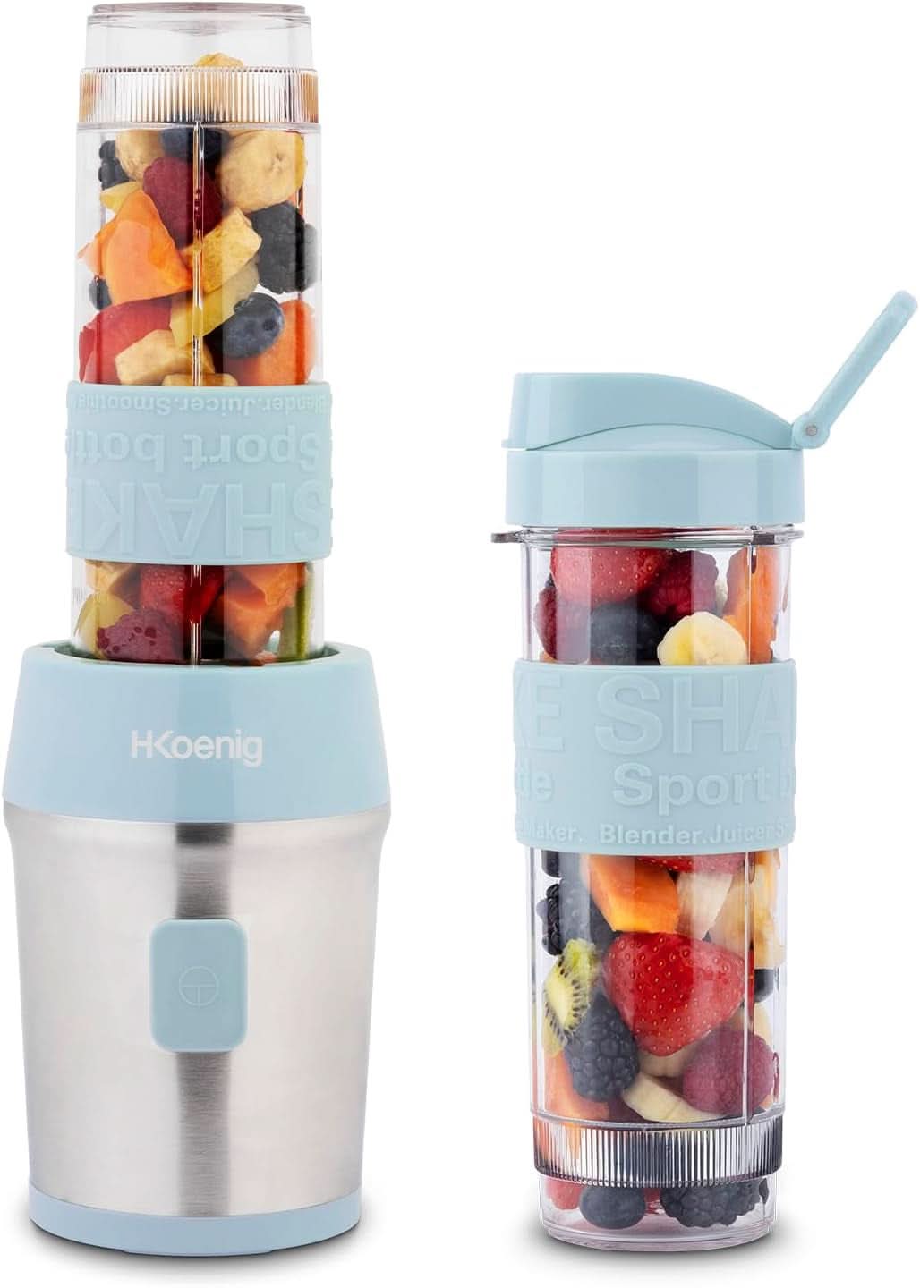 H.Koenig Smoothie Maker SMOO9 - Mini Robot Mixeur - Mini Blender - 300 Watt - 570 Ml - Edelstahl - 2 Kunststoffflaschen - Sans BPA, Grau Kitchen Naty Shop Pastelblau