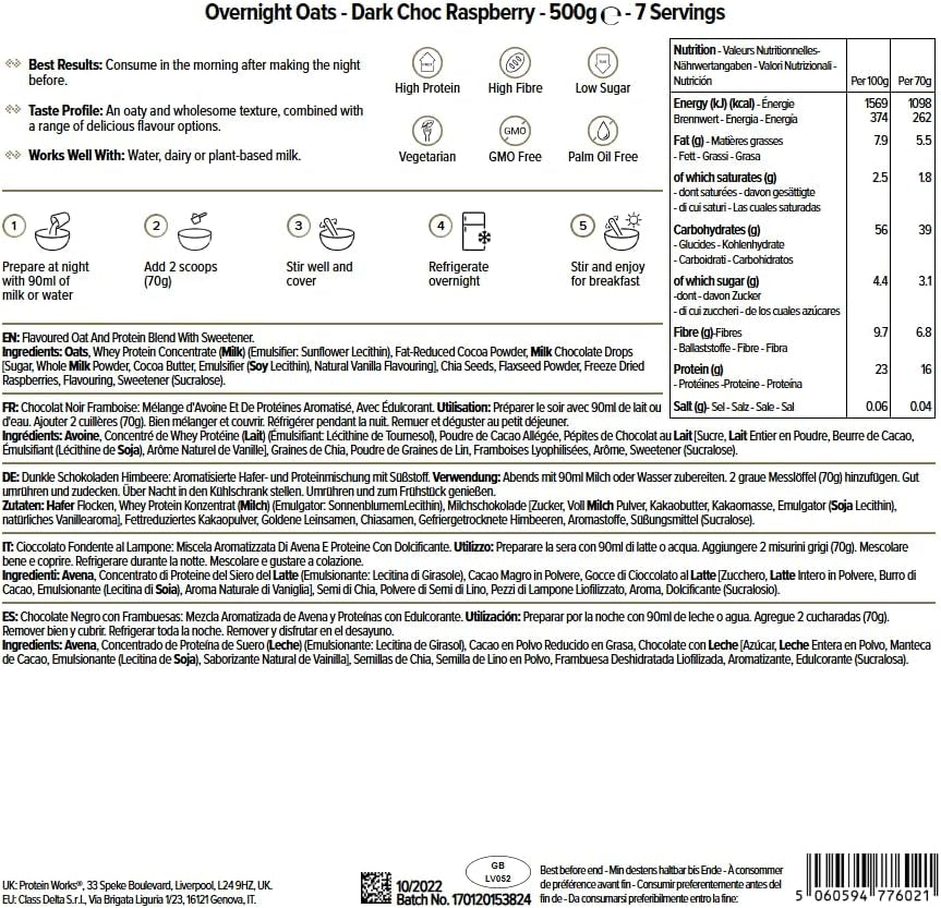 Gruau de nuit avec protéines | Chocolat noir et framboise | Petit-déjeuner riche en protéines | Collation à faible teneur en sucre | Gruau à faible IG | 500g