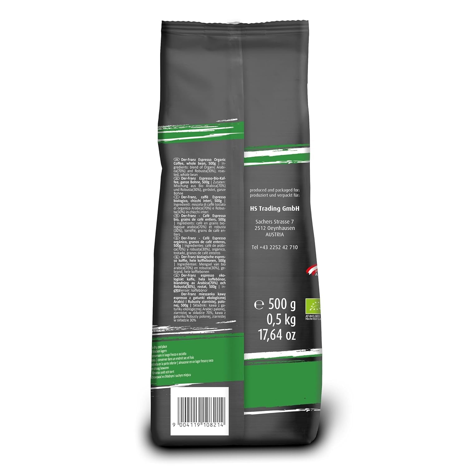 Café biologique Der-Franz Espresso, force 5/5, Arabica et Robusta biologiques, grains entiers Café Naty Shop