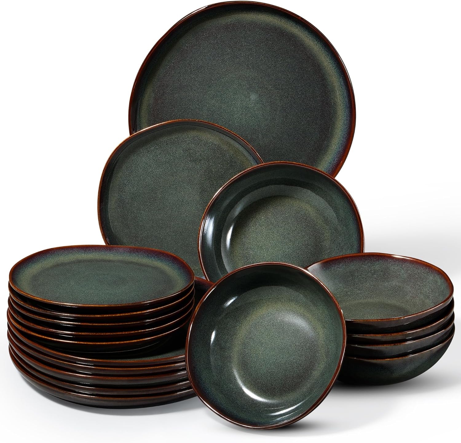 Service de table pour 6 personnes, 18 pièces, bols à céréales ronds irréguliers, assiettes à dessert, assiettes plates, résistant aux rayures, passe au micro-ondes, vert mousse réactif
