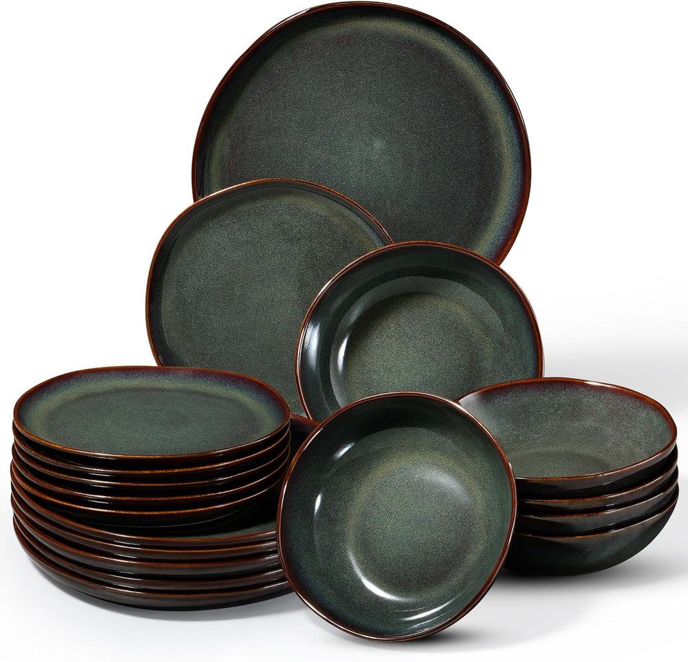 Service de table pour 6 personnes, 18 pièces, bols à céréales ronds irréguliers, assiettes à dessert, assiettes plates, résistant aux rayures, passe au micro-ondes, vert mousse réactif