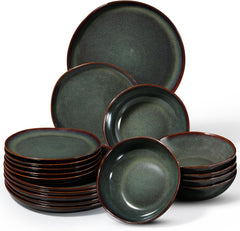Service de table pour 6 personnes, 18 pièces, bols à céréales ronds irréguliers, assiettes à dessert, assiettes plates, résistant aux rayures, passe au micro-ondes, vert mousse réactif
