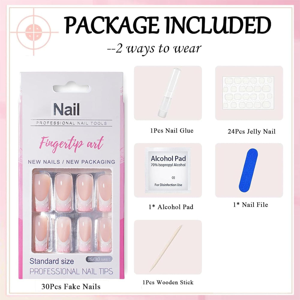 30pcs Faux Ongles Français - Colle sur Ongles Artificiels - Ongles en Gel Doux pour Femme - Ongles Adhésifs Acryliques Manucure Carrée (Rose Français)