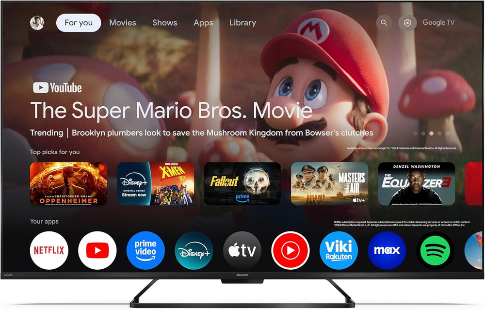 SHARP 55HR7365E – Google TV, 55" UHD, fără ramă, 144 Hz, QLED, HDR10, Dolby Vision HDR, Asistent Google cu microfon, Chromecast, Bluetooth, Dolby Atmos 2x12 W, HDMI 2.1 x4, USB x2, Culoare Negru