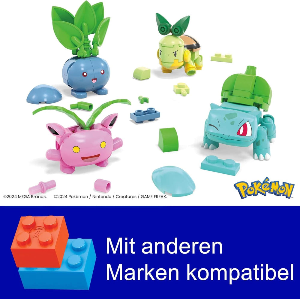 MEGA Pokémon Actionfigur-Bauspielzeug, Pflanze-Typ Trainerteam mit 118 Teilen, bewegliche Bisasam-, Chelast-, Hoppspross- und Myrapla-Figuren, Geschenkidee für Kinder, HWR77