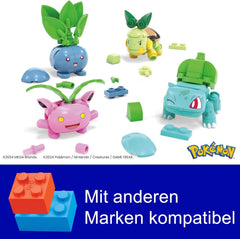 MEGA Pokémon Actionfigur-Bauspielzeug, Pflanze-Typ Trainerteam mit 118 Teilen, bewegliche Bisasam-, Chelast-, Hoppspross- und Myrapla-Figuren, Geschenkidee für Kinder, HWR77