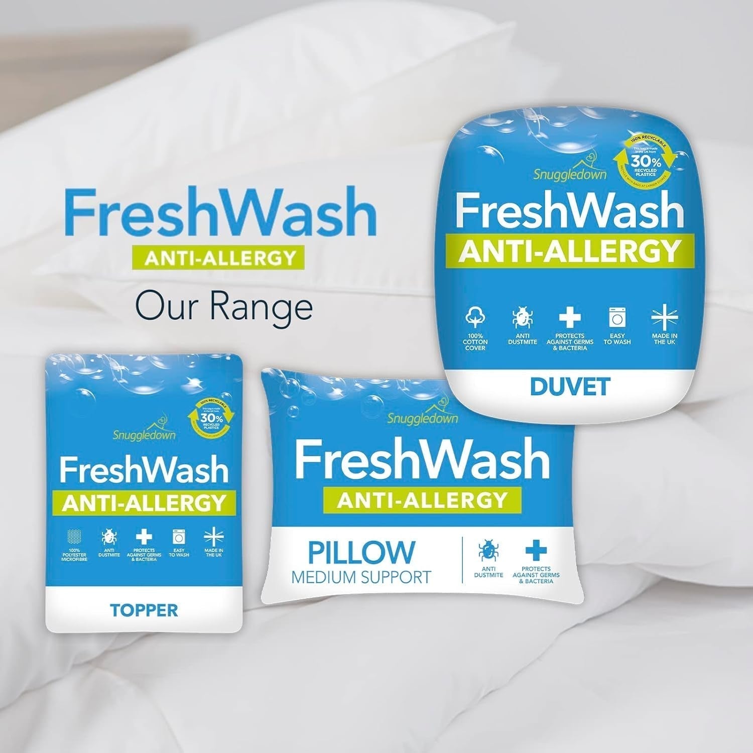 Couette anti-allergie Snuggledown Freshwash, 13,5 Tog Winter Warm, coton, blanc, lit simple Couettes et couettes Naty Shop