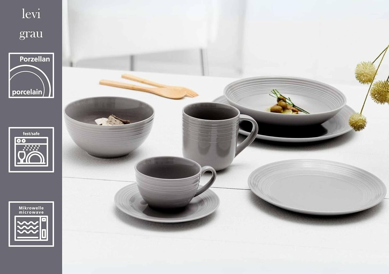 Ritzenhoff & Breker Levi Service de table 16 pièces, assiettes, bols et tasses pour 4 personnes, design scandinave avec relief cannelé fin, vaisselle Mix & Match, porcelaine, blanc et gris