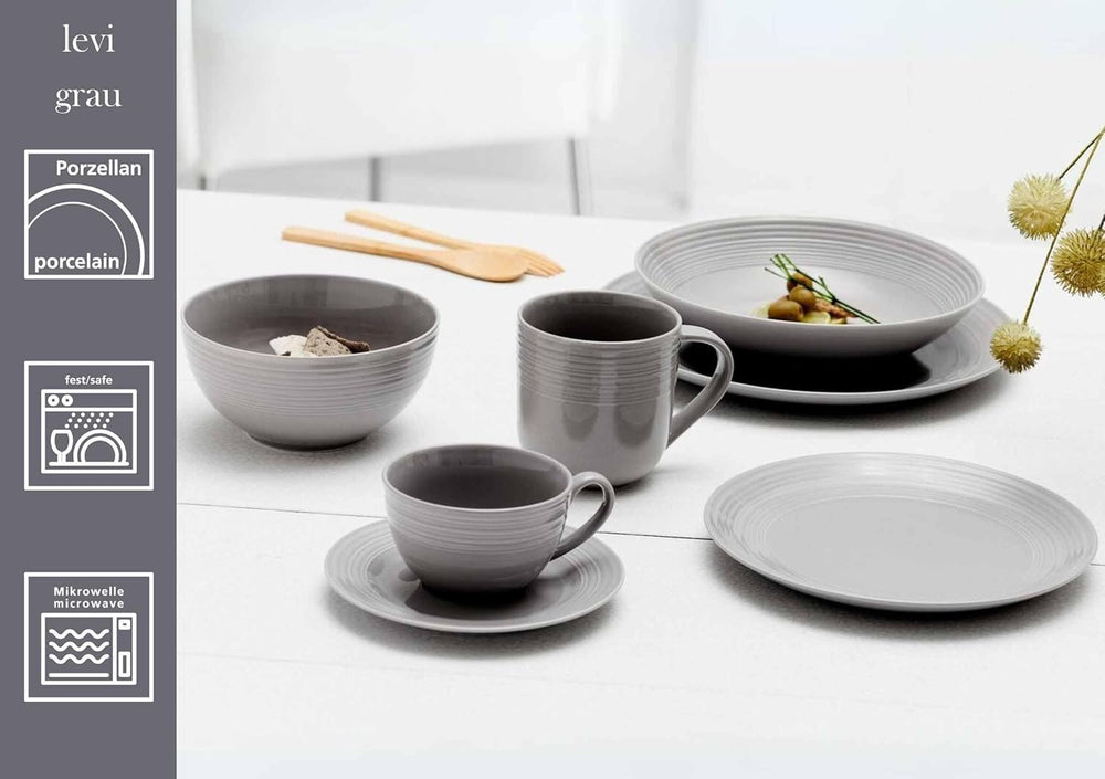 Ritzenhoff & Breker Levi Service de table 16 pièces, assiettes, bols et tasses pour 4 personnes, design scandinave avec relief cannelé fin, vaisselle Mix & Match, porcelaine, blanc et gris