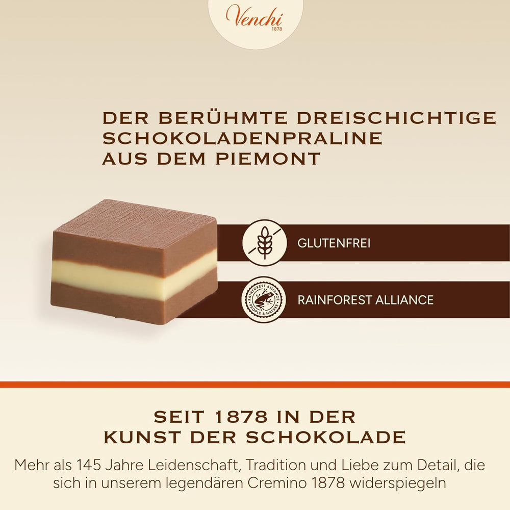 Venchi - Cremini 1878 - Chocolat trois couches au gianduja au lait et pâte d'amande, "Noisettes du Piémont IGP", 1 kg, sans gluten, sans colorants et sans conservateurs