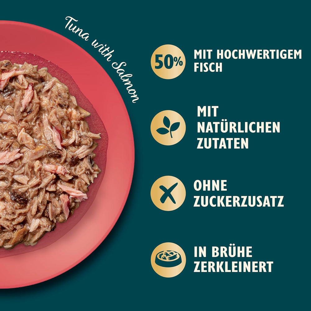 Fileuri tocate în bulion cu ton și somon, preparate cu ingrediente naturale, Lily's Kitchen, hrană umedă pentru pisici adulte, cutie de 70 g