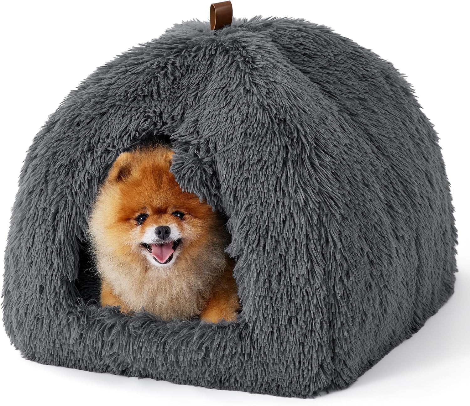 BEDSURE Katzenbett große Katzen Katzenhöhle- 44x44x44 cm Plüsch Katzenhaus Indoor mit abnehmbarem Katzenkissen und hängendem Spielzeug, Katzen Bettchen waschbar, dunkelgrau