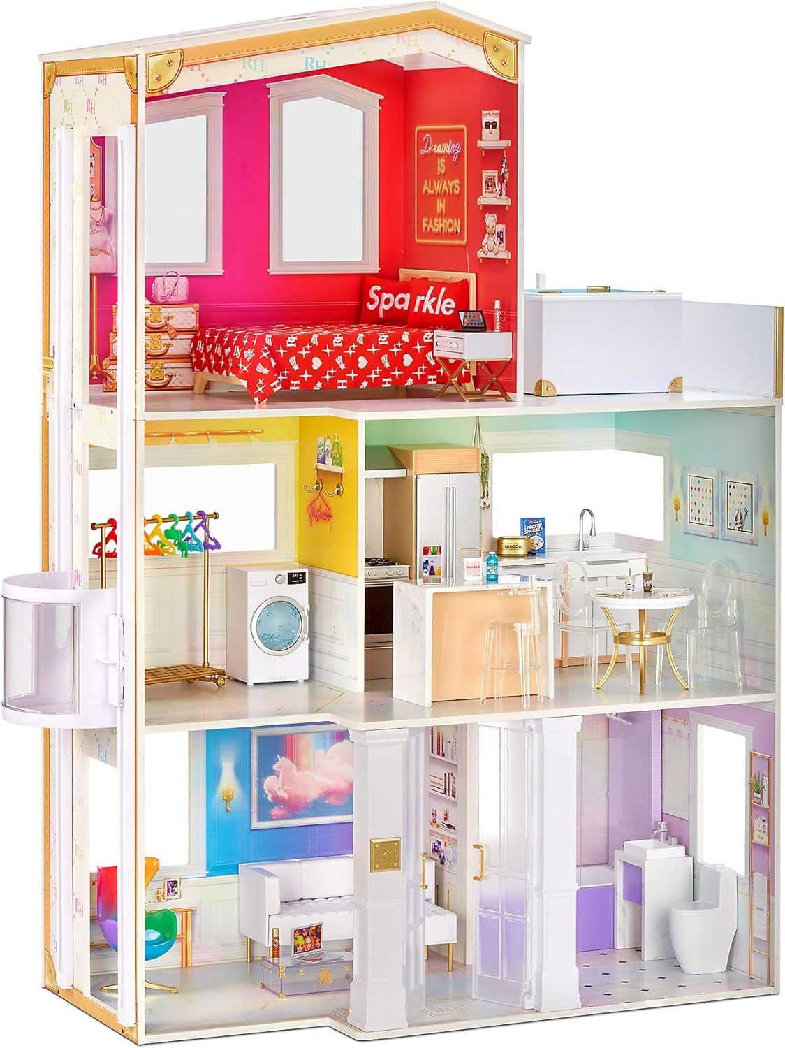 Rainbow High Townhouse - Casă de păpuși din lemn cu 3 etaje cu 5 camere colorate și terasă - Casă complet mobilată cu lift și accesorii funcționale - Jucărie pentru copii de la 4 la 12+ ani Casute de papusi Naty Shop 2021 Rainbow High House