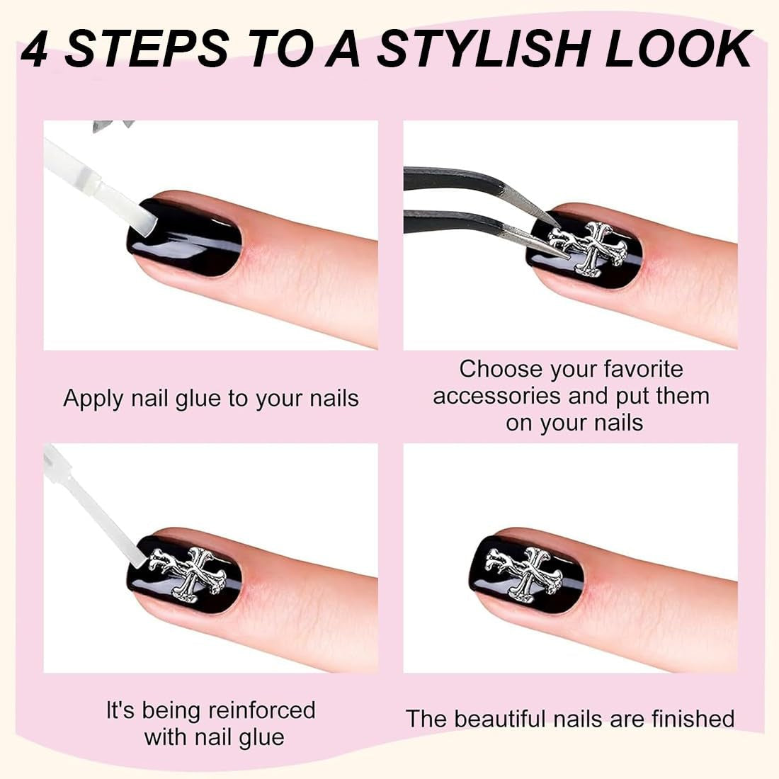 100pcs porte-clés à ongles en croix 3D, porte-clés à ongles en croix, porte-clés à ongles chromés, accessoires d'ongles vintage, décorations d'ongles DIY, pour femmes et filles, décorations d'ongles DIY