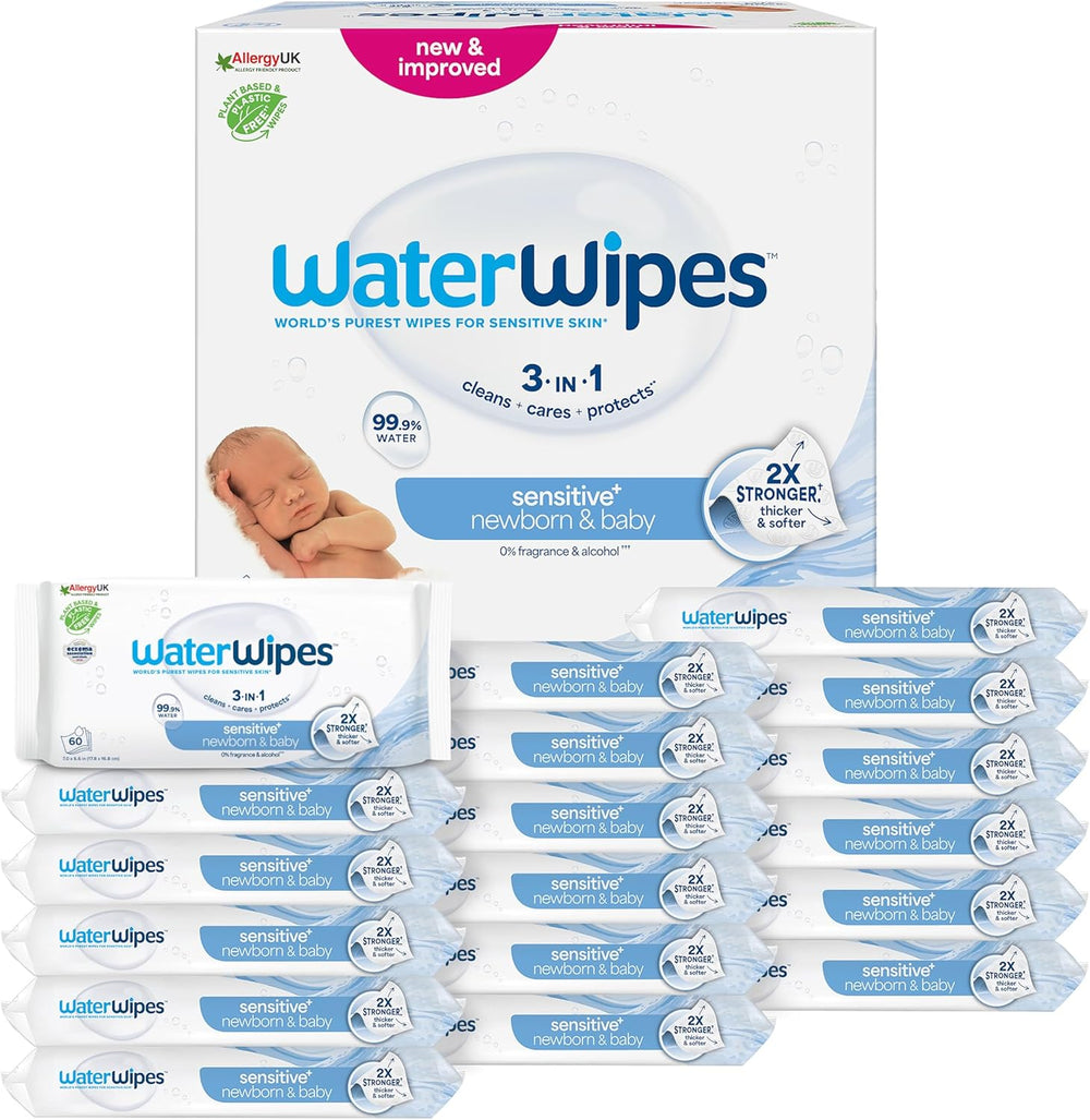 WaterWipes Sensitive+ Lingettes humides pour nouveau-nés et bébés, 540 pièces (9 paquets), nettoyage 3 en 1, entretien, protection, 99,9 % d'eau, sans parfum