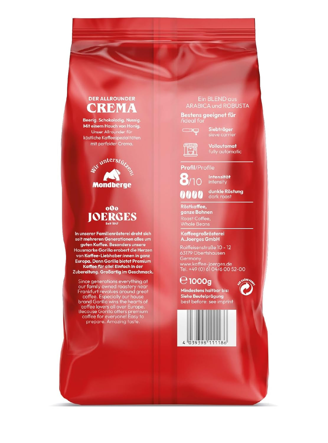 Joerges Super Bar Cream grains de café 1 kg Goût corsé, arôme intense dans chaque tasse Café Naty Shop